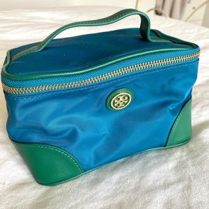 Tory Burch blue and green cosmetic bag